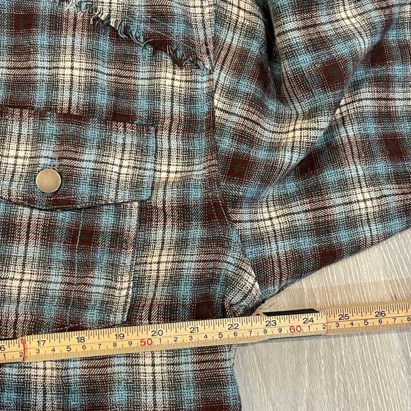 Fate Plaid Chambray 90s grunge zip oversized distressed shacket shirt flannel - Picture 7 of 8